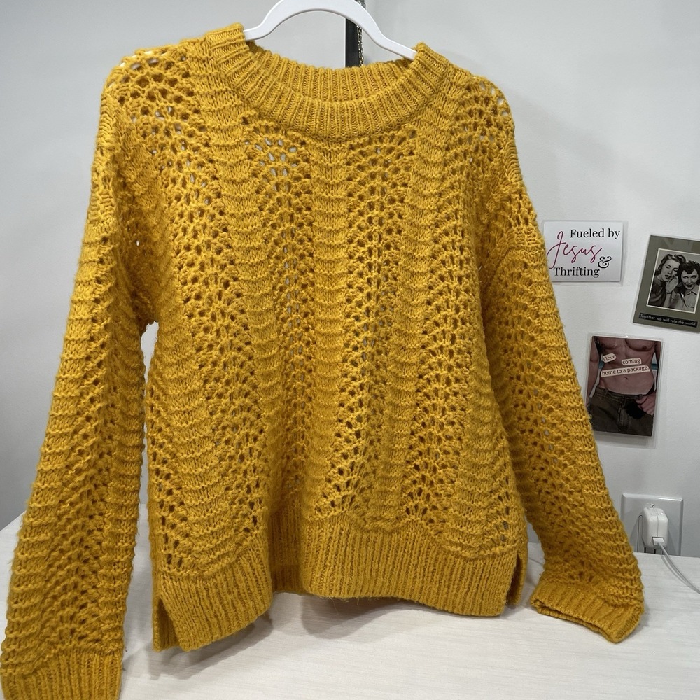 Madewell Mustard Cottagecore Alpaca Wool Blend Pointelle Knit Sweater M